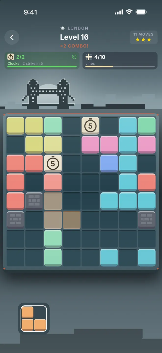 Level 16 in London. Two numbered clock tiles sit among the blocks on the board, under a pixel Tower Bridge.