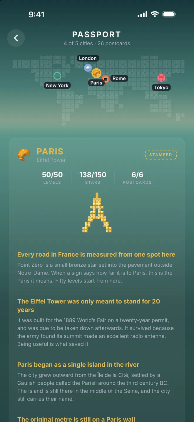 The passport. A world map with the five cities marked, and the Paris page stamped with 50 of 50 levels and 6 of 6 postcards.